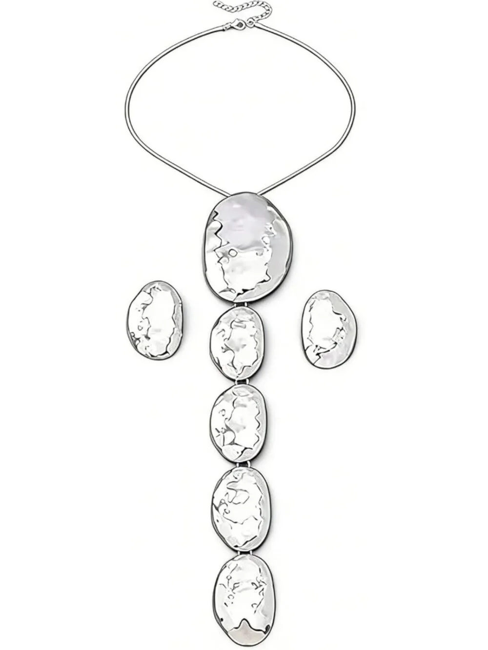Chunky Geometric Statement Jewelry Set - Extra Large Hammered Pendant & Earrings
